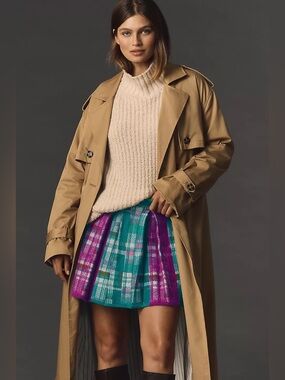By Anthropologie Pleated Knit Plaid Mini Short XS Purple/Teal